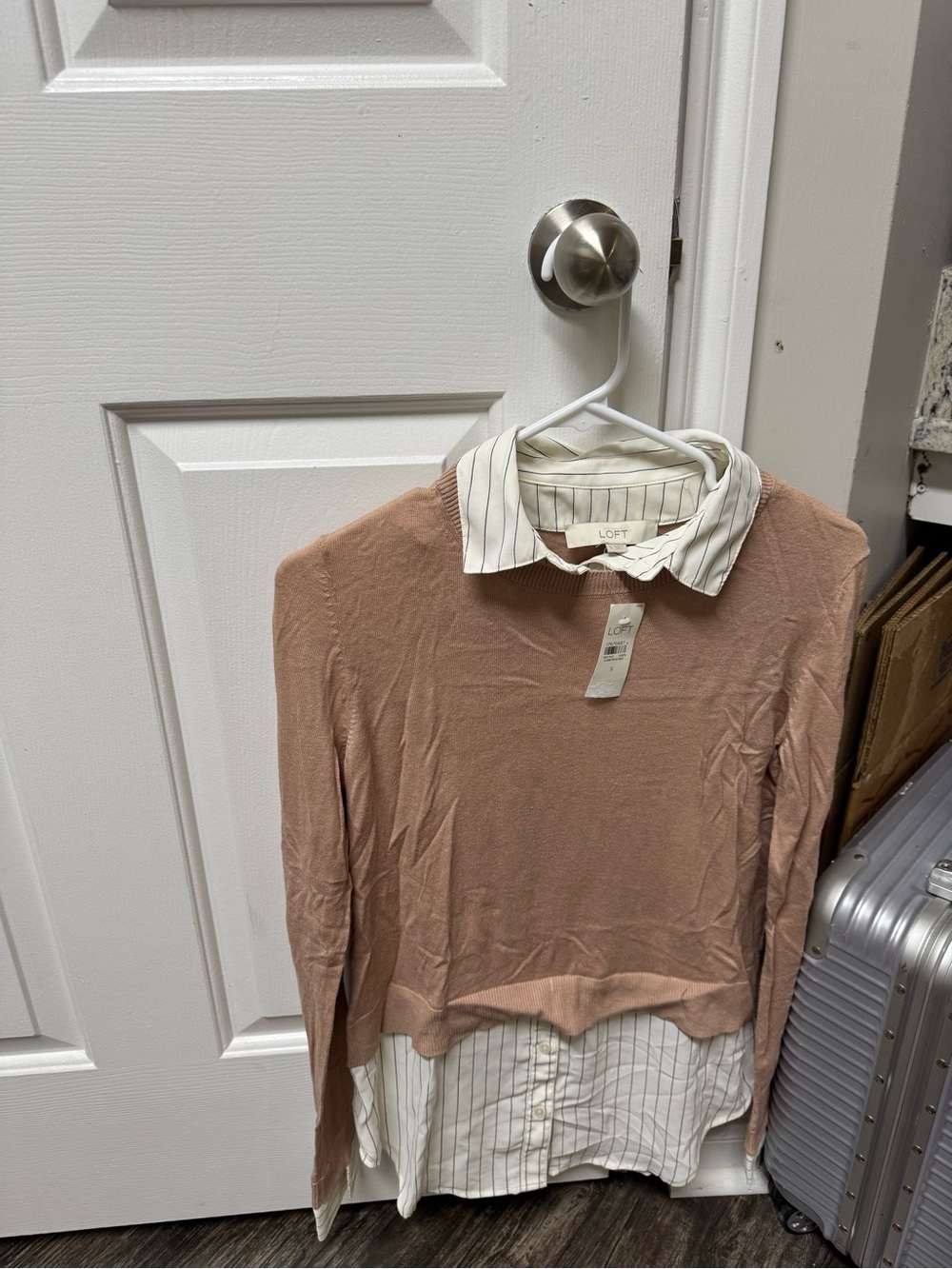 LOFT Blush Pink Sweater with Striped Attached Collar